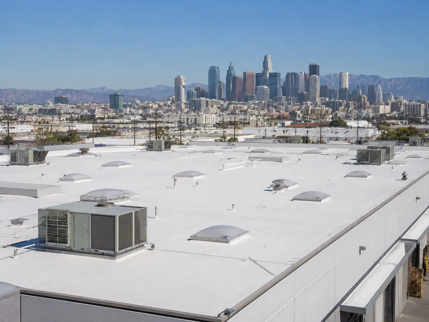 Commercial cool roof on a Los Angeles warehouse with the downtown Los Angeles skyline in the background