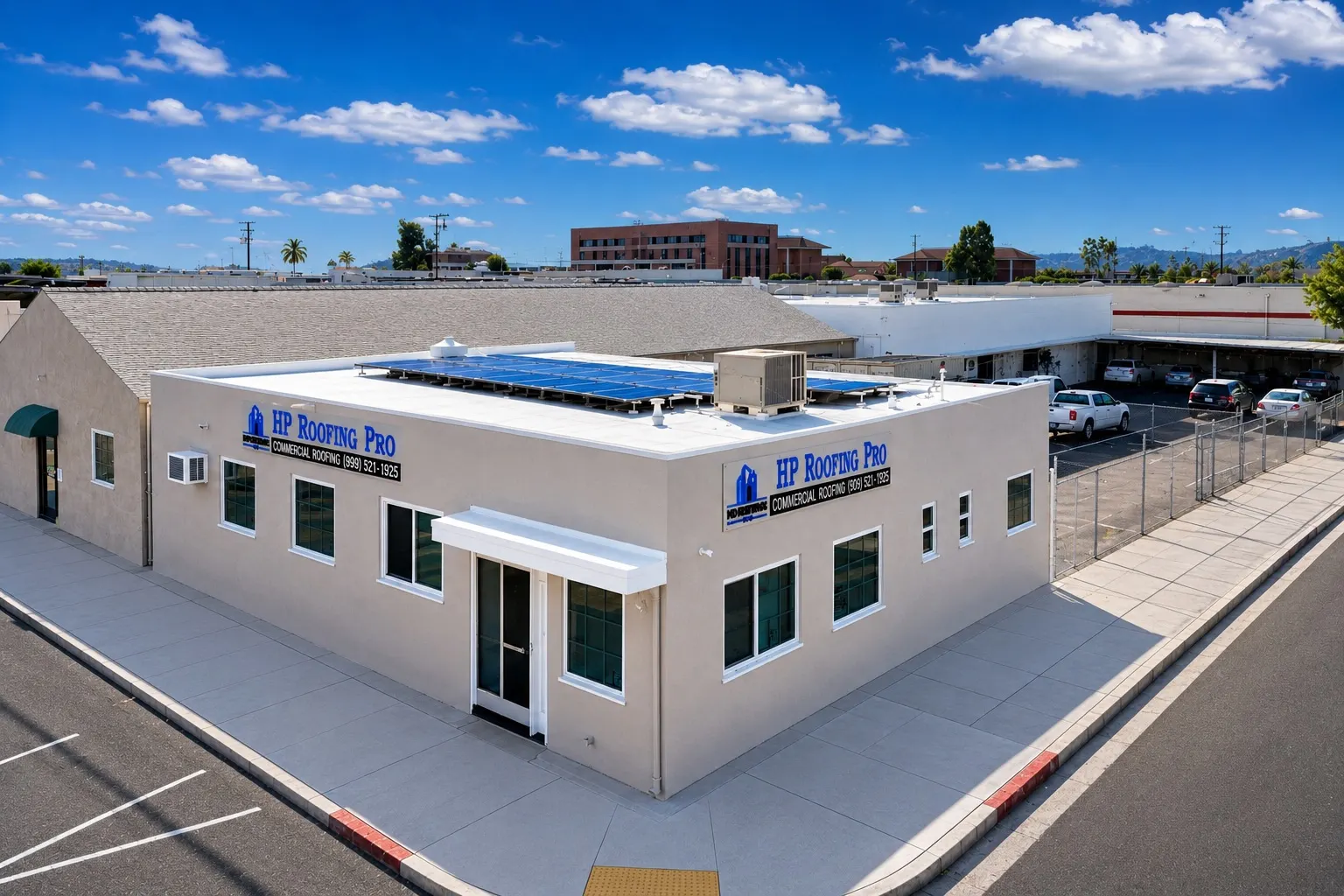 HP Roofing Pro commercial roofing - aerial view of completed cool-roof project