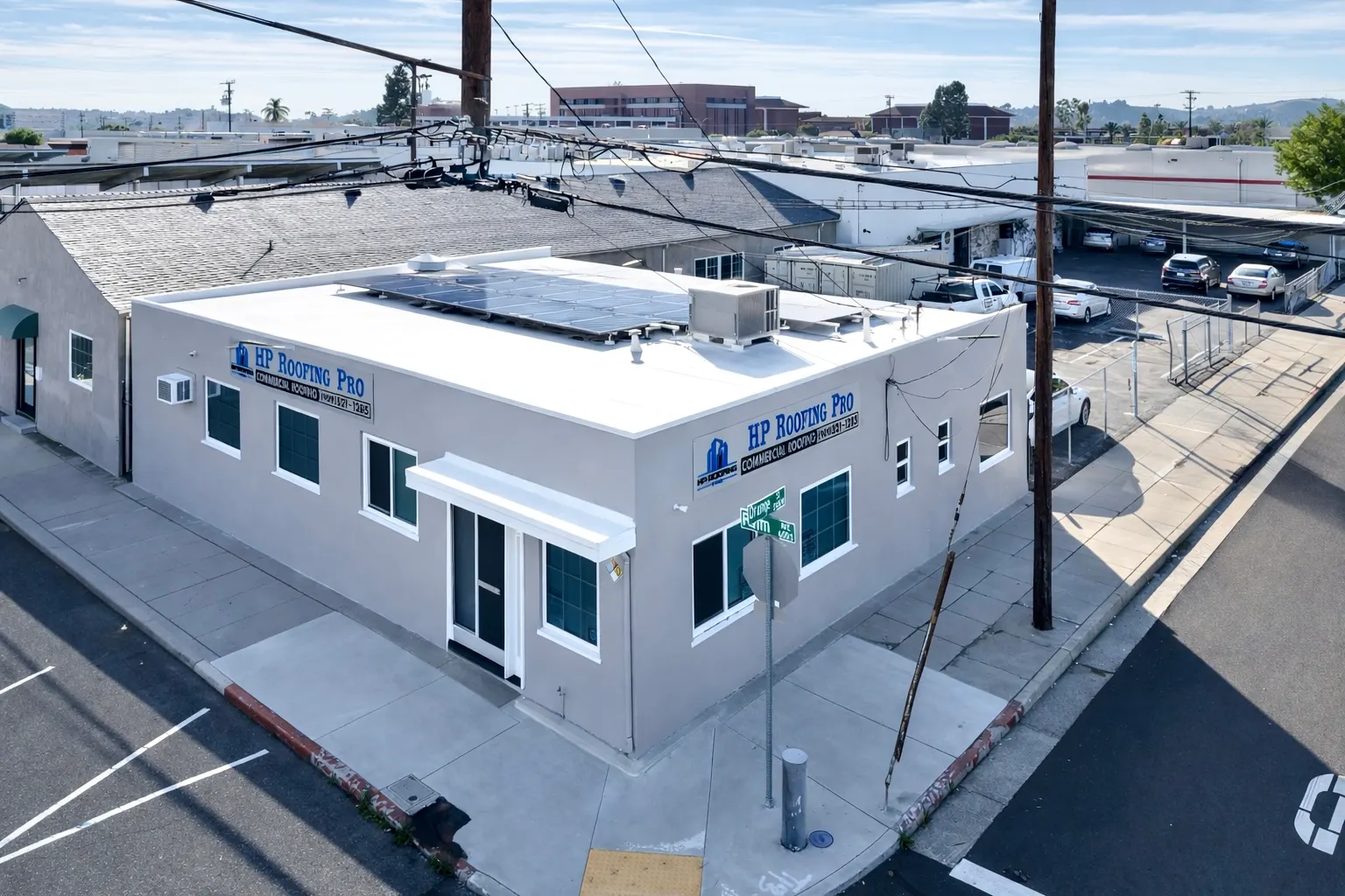 HP Roofing Pro commercial roofing — aerial view of completed cool-roof project