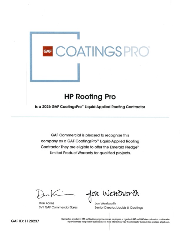 GAF CoatingsPro Certificate - HP Roofing Pro