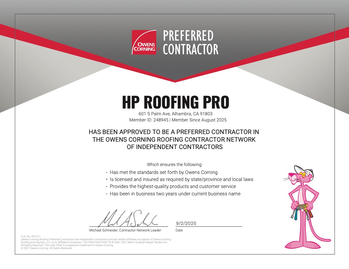 Owens Corning Preferred Contractor Certificate - HP Roofing Pro