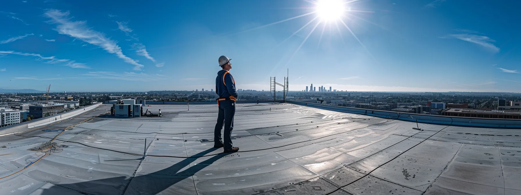 a skilled roofer inspecting a well-maintained commercial roof under the sunny los angeles sky.