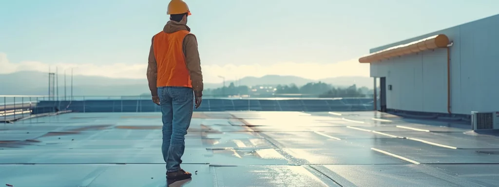 a worker in a hard hat inspecting a clean and well-maintained flat roof of a commercial building.